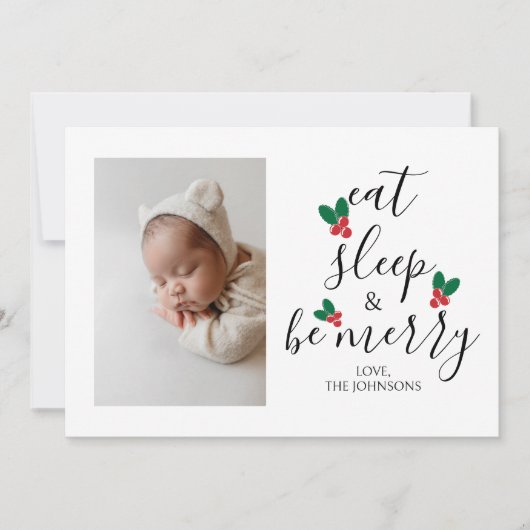 Eat Sleep Be Merry Fun Foto van de Baby Feestdagenkaart (Voorkant)