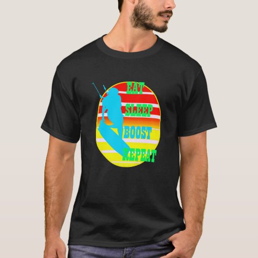 Eat Sleep Boost Herhaal Kitesufer met Gele Retro T-shirt (Voorkant)