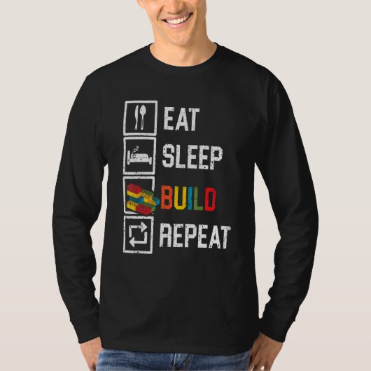 Eat Sleep Build Herhaling Bricks Master Builder T-shirt (Voorkant)