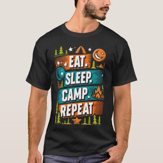 Eat Sleep Camp Herhaal T-shirt – Buitenliefhebber (Voorkant)