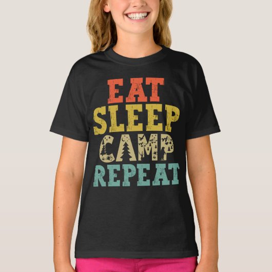 Eat Sleep Camp Herhalen Camping Lover T-shirt (Voorkant)