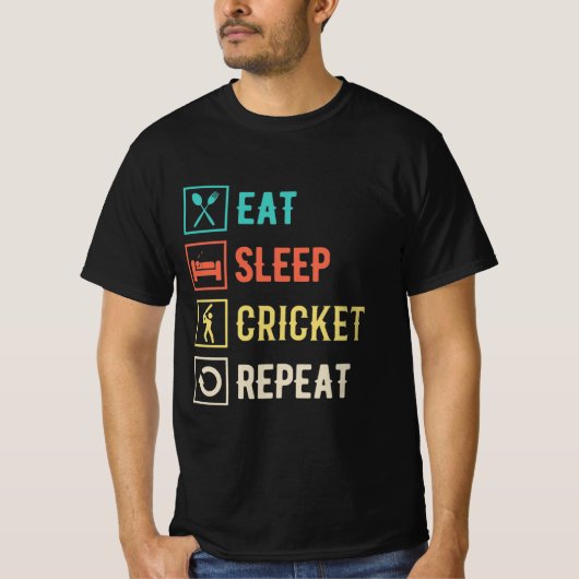 Eat Sleep Cricket Herhalen T-shirt (Voorkant)