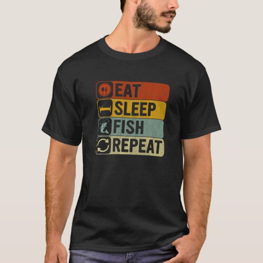 Eat Sleep Fish Repeat Retro 60s 70s Fishing T-shirt (Voorkant)
