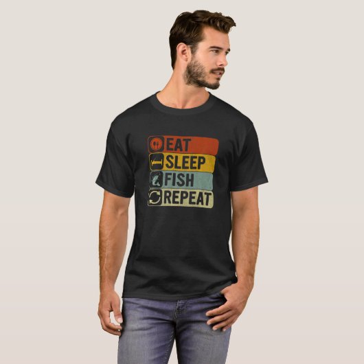 Eat Sleep Fish Repeat Retro 60s 70s Fishing T-shirt (Voorkant volledig)