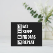 EAT SLEEP FIX CARS HERHAALT Funny Car Briefkaart (Staand voorkant)