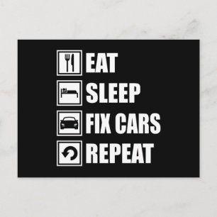 EAT SLEEP FIX CARS HERHAALT Funny Car Briefkaart
