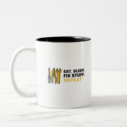 Eat Sleep Fix Stuff Herhalen Tweekleurige Koffiemok (Links)