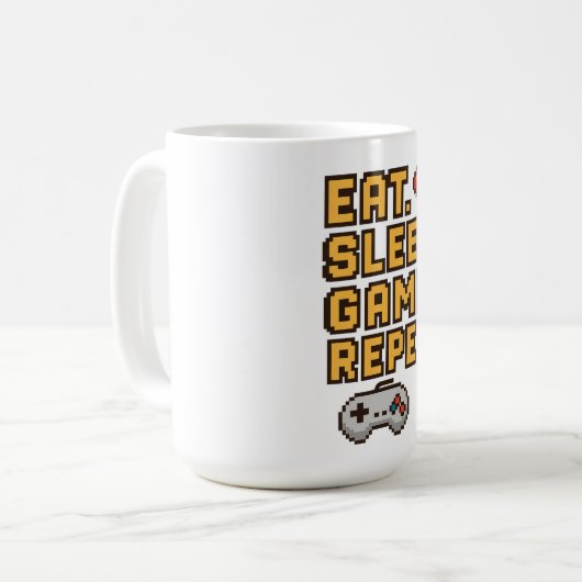 Eat Sleep Game Herhaal – Retro Pixel Gaming T-shir Koffiemok (Voorkant links)