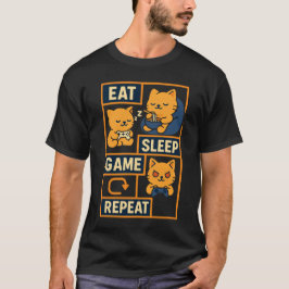 Eat Sleep Game Herhaal – Schattigee gamer kat T-shirt