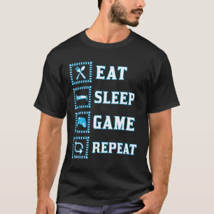 Eat Sleep Game Herhalen Grappig gamer blauw wit T-shirt