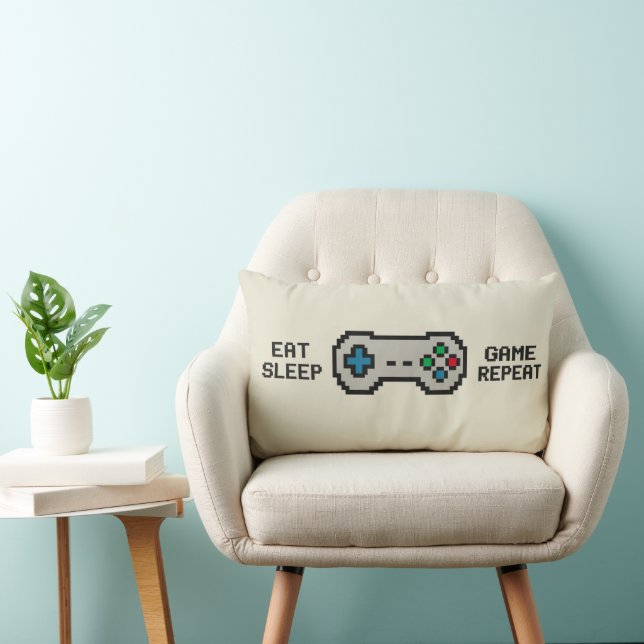 Eat Sleep Game Repeat – Cool Pixel Gamer Pillow Kussen (Stoel)