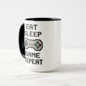 Eat Sleep Game Repeat – Gamer Pixel Art Mok (Voorkant links)