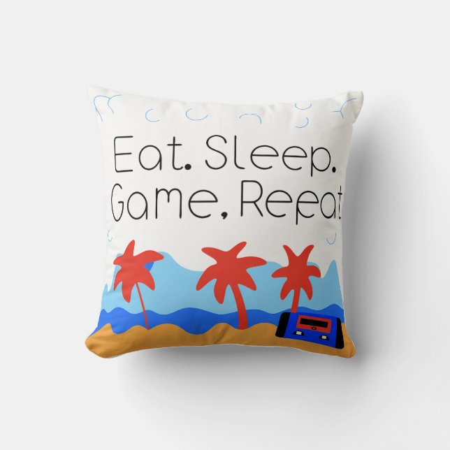 "Eat. Sleep. Game. Repeat." Retro Gaming Kussen (Voorkant)