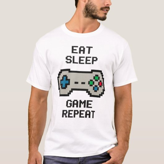 Eat Sleep Game Repeat – Retro Pixel Gamer T-Shirt (Voorkant)