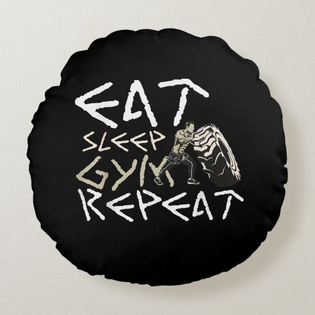 Eat Sleep Gym Herhaal Funny Quote Rond Kussen (Voorkant)