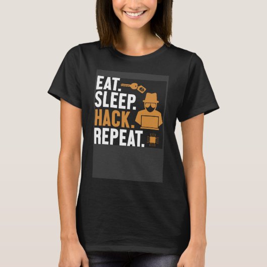 Eat Sleep Hack Herhaal Wit Pet Zwart Pet Hacker T-shirt (Voorkant)