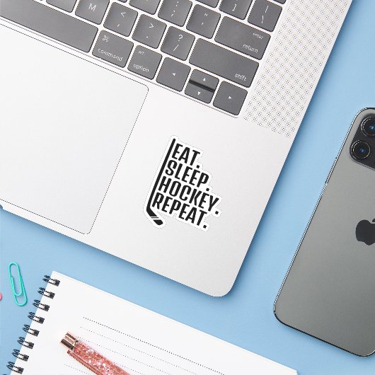 Eat Sleep Hockey Herhalen Sticker (Laptop met iPhone)