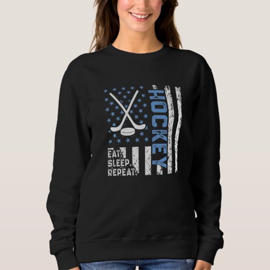 Eat Sleep Hockey Repeat US Flag Retro Funny Hockey Trui (Voorkant)