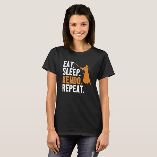 Eat Sleep Kendo Herhaal Kata Kenjusu Shinai Samura T-shirt (Voorkant volledig)