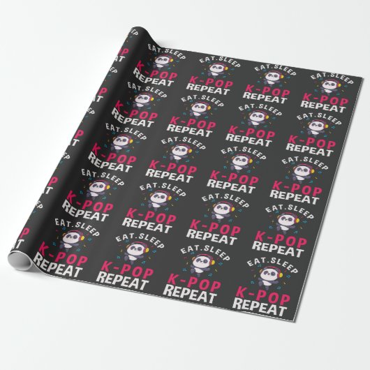 Eat Sleep KPop Herhaal Kawaii Panda Cadeaupapier (Uitgerold)