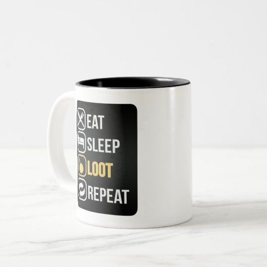 Eat Sleep Loot Herhalen Tweekleurige Koffiemok (Voorkant links)