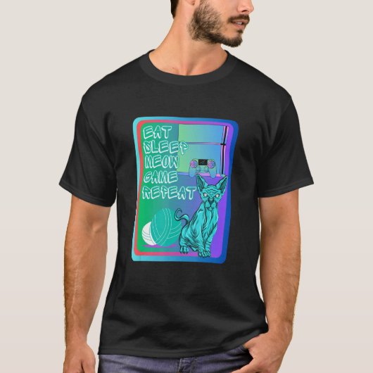 Eat sleep meow game repeat blue sphynx cat and con t-shirt (Voorkant)
