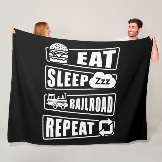 Eat Sleep Railroad Herhalen stoomtrein Fleece Deken (In situ)