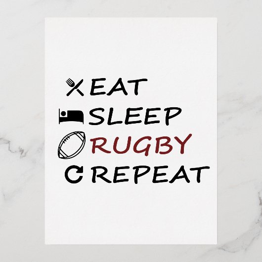 Eat Sleep Rugby Herhalen Folie Feestdagen Briefkaart (Voorkant)