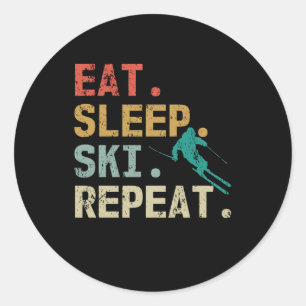 Eat Sleep Ski Herhaal Retro  skier Ronde Sticker