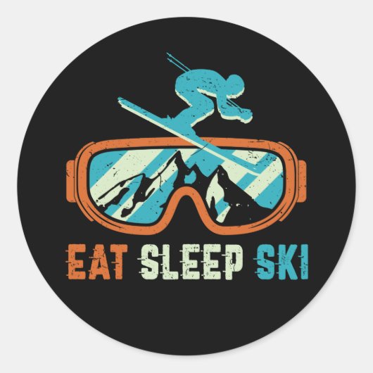Eat Sleep Ski  Retro Skiing Ronde Sticker (Voorkant)