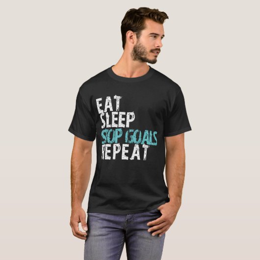 Eat Sleep Stop Goals Herhaal Goalie T-Shirt (Voorkant volledig)