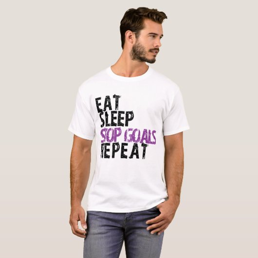 Eat Sleep Stop Goals Herhaal Goalie T-Shirt (Voorkant volledig)
