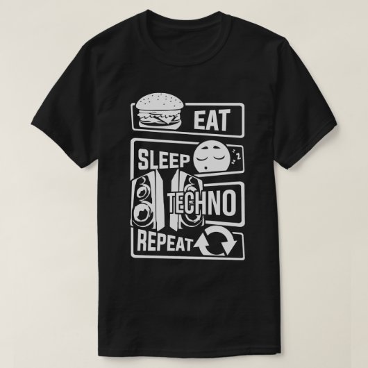 Eat Sleep Techno Herhaal feestelijke elektronische T-shirt (Design voorkant)