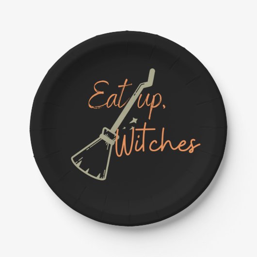 Eat up Witches Broomstick Black Halloween Party Papieren Bordje (Voorkant)