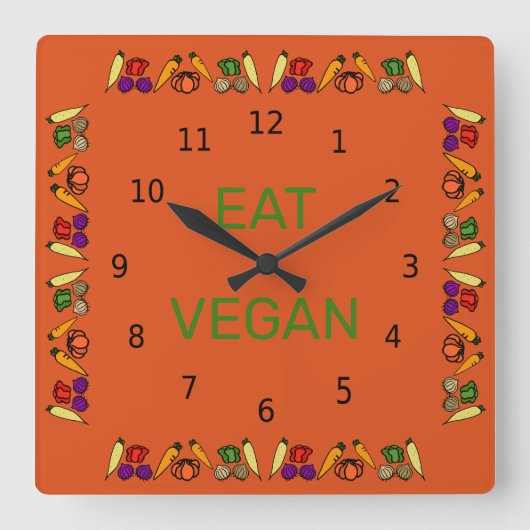 Eat Vegan, kleurrijke groenten, zwarte cijfers Vierkante Klok (Voorkant)