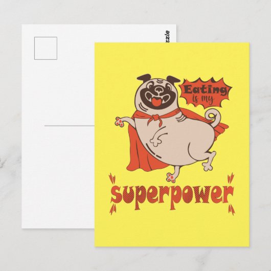 Eating is my superpower red cloak pug comic style briefkaart (Voorkant / Achterkant)