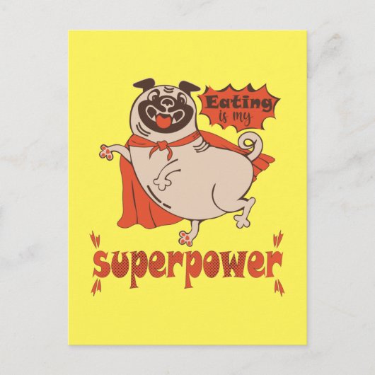 Eating is my superpower red cloak pug comic style briefkaart (Voorkant)