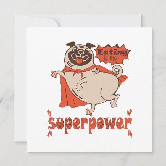 Eating is my superpower red cloak pug comic style feestdagenkaart (Voorkant)