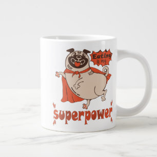 Eating is my superpower red cloak pug comic style grote koffiekop