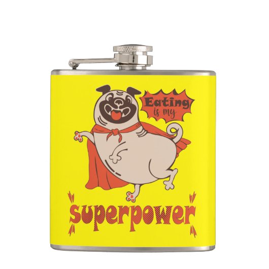 Eating is my superpower red cloak pug comic style heupfles (Voorkant)