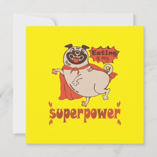 Eating is my superpower red cloak pug comic style kaart (Voorkant)