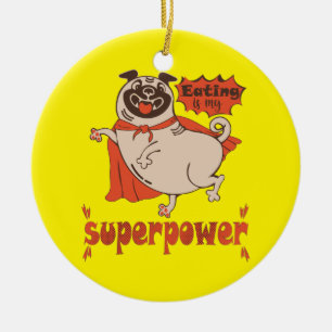 Eating is my superpower red cloak pug comic style keramisch ornament