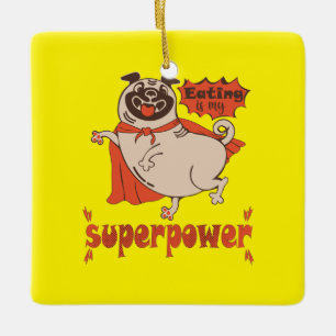 Eating is my superpower red cloak pug comic style keramisch ornament