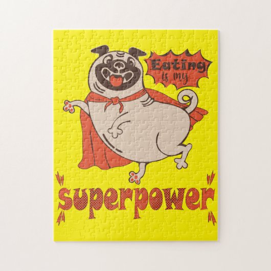 Eating is my superpower red cloak pug comic style legpuzzel (Verticaal)
