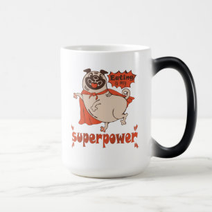 Eating is my superpower red cloak pug comic style magische mok