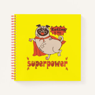 Eating is my superpower red cloak pug comic style notitieboek