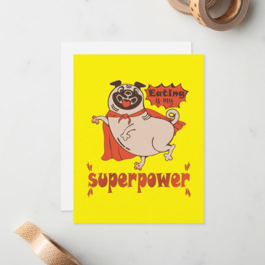 Eating is my superpower red cloak pug comic style notitiekaartje (Voorkant / Achterkant in situ)