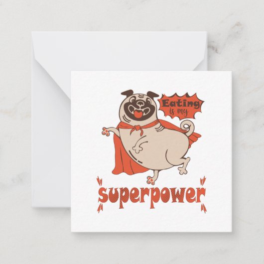 Eating is my superpower red cloak pug comic style notitiekaartje (Voorkant)