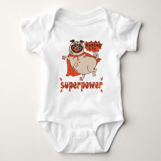 Eating is my superpower red cloak pug comic style romper (Voorkant)