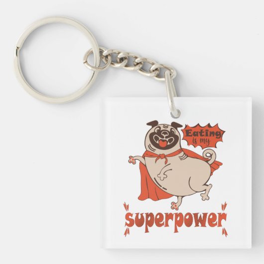 Eating is my superpower red cloak pug comic style sleutelhanger (voorkant)